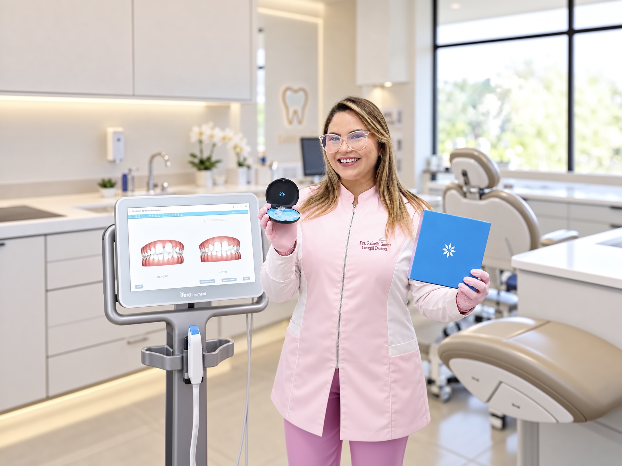 Dra. Rafaella Gomes segurando um alinhador Invisalign, com o consultório ao fundo